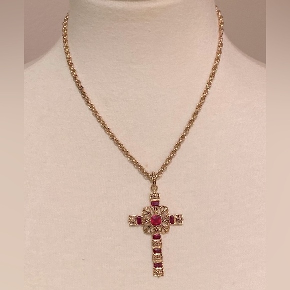 2 Camrose Kross Jackie Kennedy Faux Emerald & Ruby Gold-Tone Cross.12K GF Chains - Picture 8 of 8